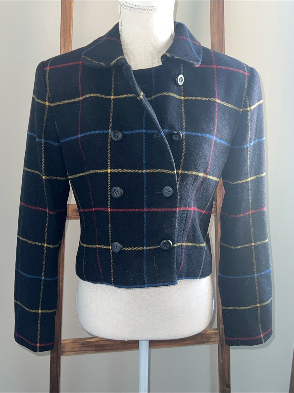 Vintage 1990’s Jones New York Black Plaid Double-Breasted Cropped Jacket